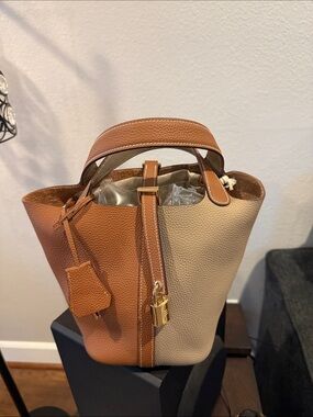 Two-Tone Tan and Beige Women's Leather Bucket Bag